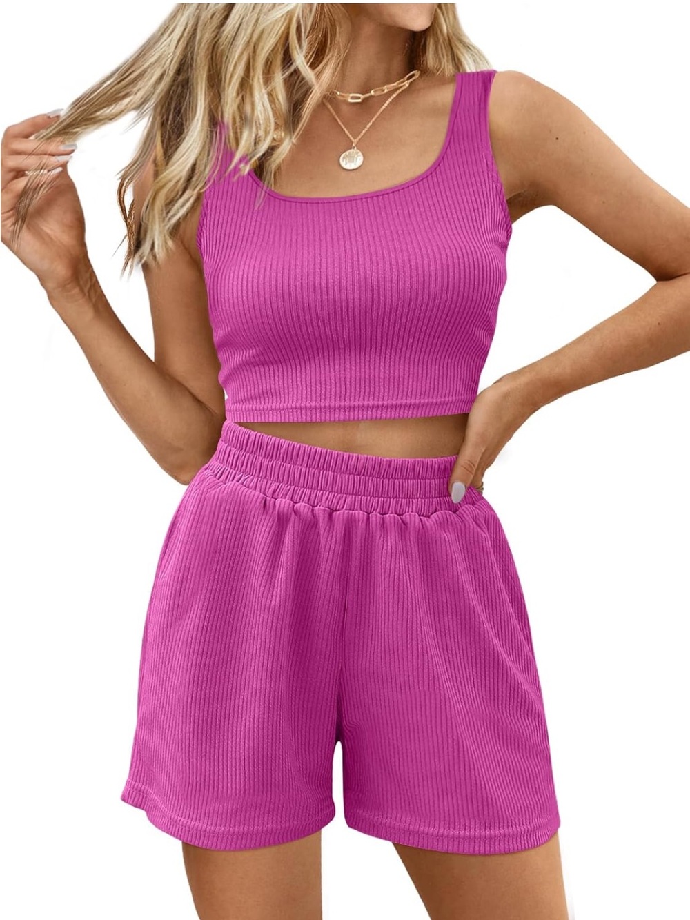 High Waist Ribbed Women’s Shorts in Fuchsia